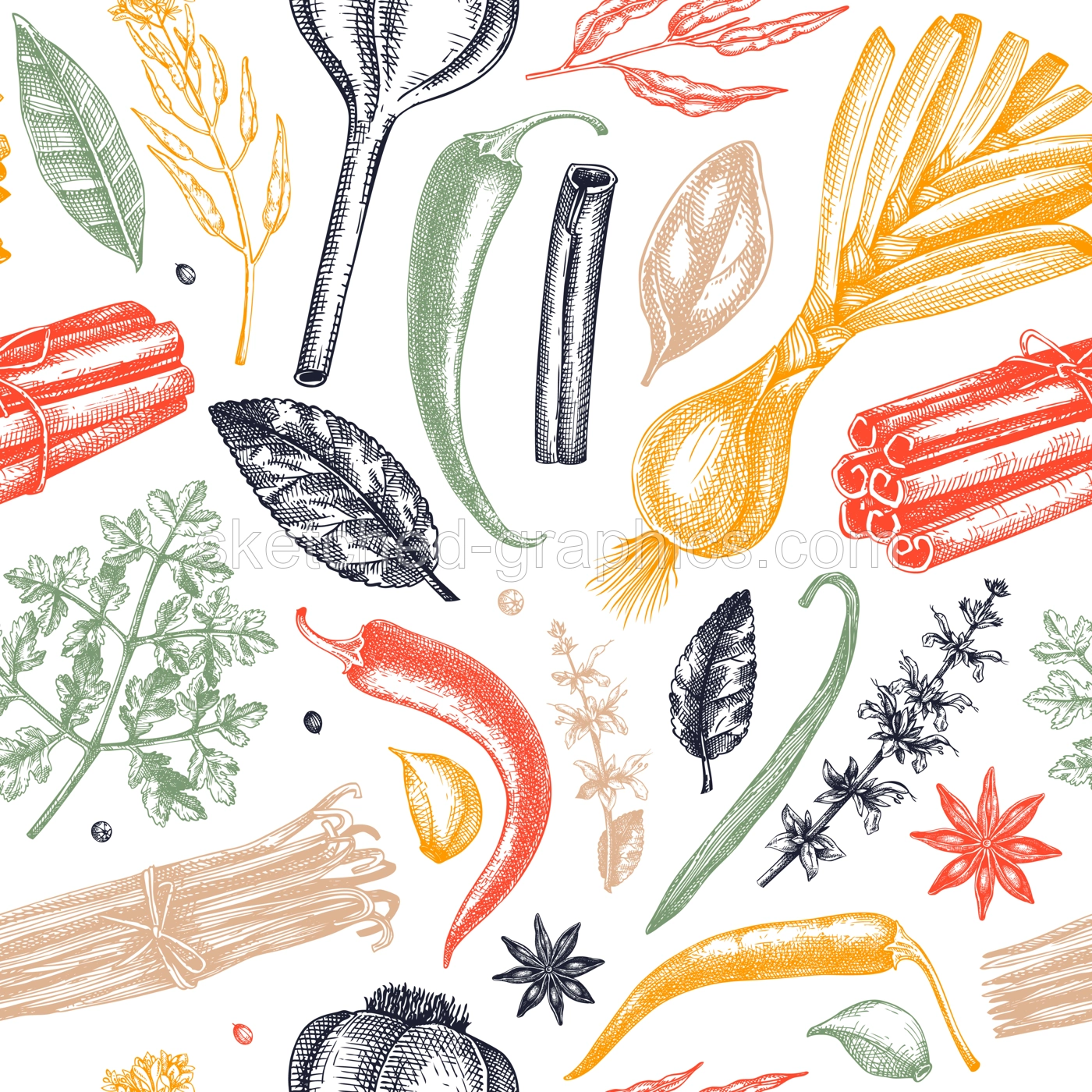 Hand-drawn herbs and spices sketches background. Hand-sketched food backdrop in color. Vintage aromatic plants seamless pattern in sketched style. Kitchen spice and herbs  fabric design Illustration
